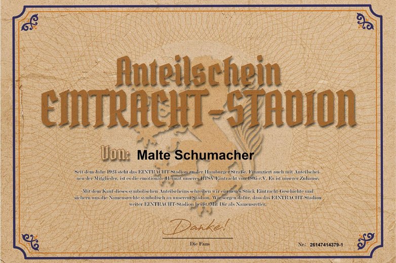 Ein Anteilsschein auf dem der Name Malt Schumacher notiert ist.