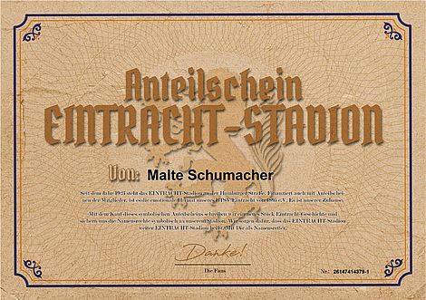 Ein Anteilsschein auf dem der Name Malt Schumacher notiert ist.