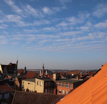 Blick über die Innenstadt von Helmstedt aus einem renovierten Fachwerkhaus mit roten Dachziegeln. (Bildrechte: Kristina Krijom)