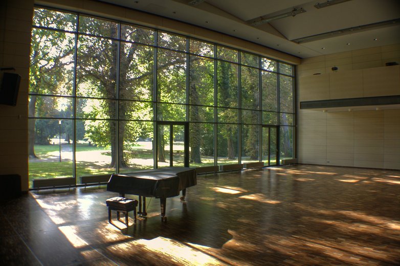 Ein großer Raum mit Holzfußboden, hinter der bodentiefen Glaswand ein lichtdurchfluteter Park in Wolfenbüttel..