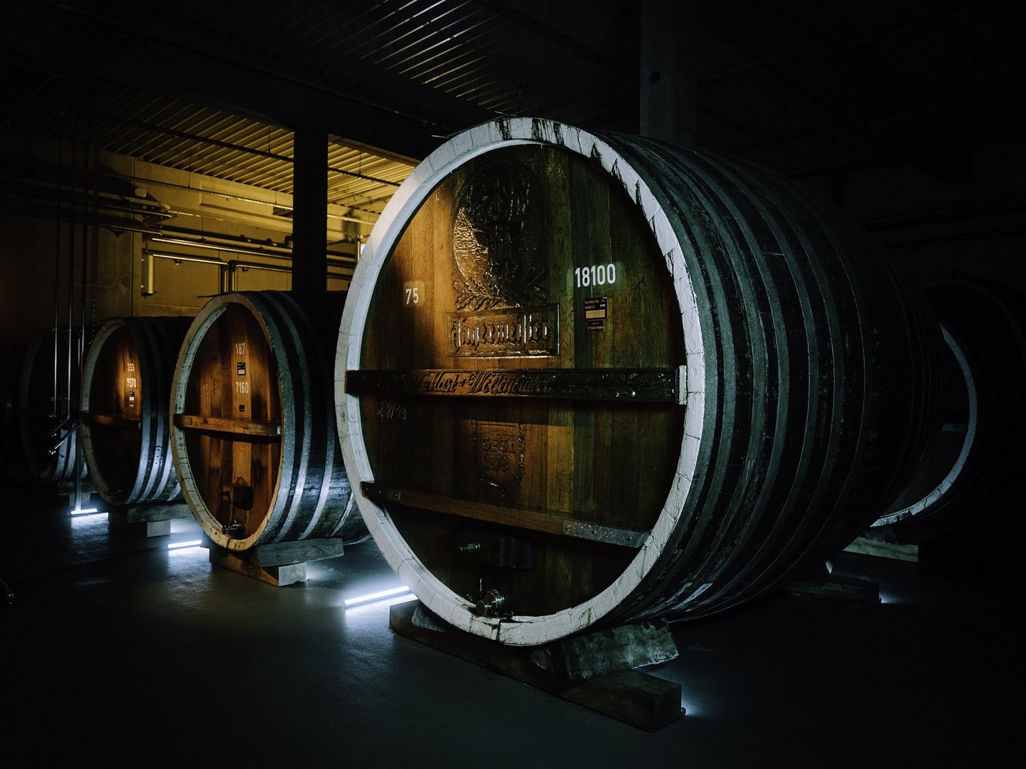 Mehrere Eichenholzfässer liegen in einem Keller.