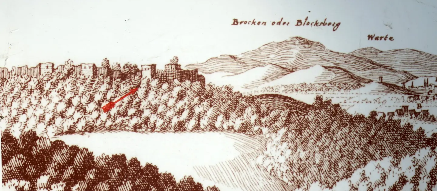 Ruine der Asseburg in der Topographia des Merian 1654, von Norden gesehen.