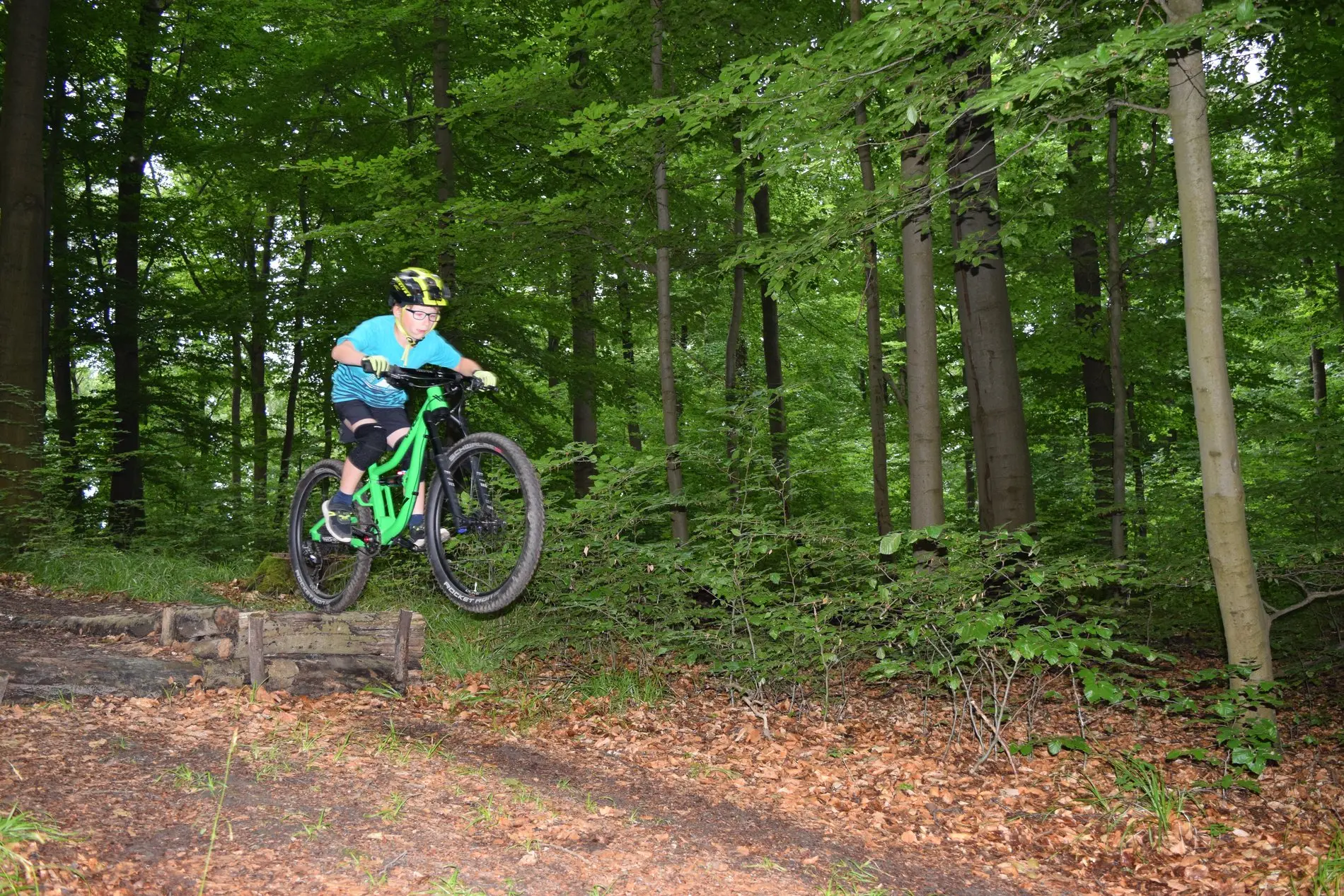 Ein Kind springt mit seinem Mountainbike über einen Hügel im Wald. 