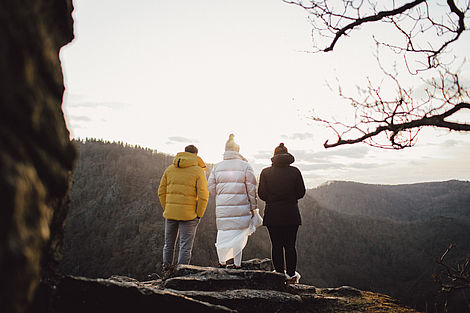 Drei Menschen, von hinten fotografiert, stehen an einer Klippe. Vor Ihnen ein Abgrund, im Hintergrund der Harzer Bergwald.