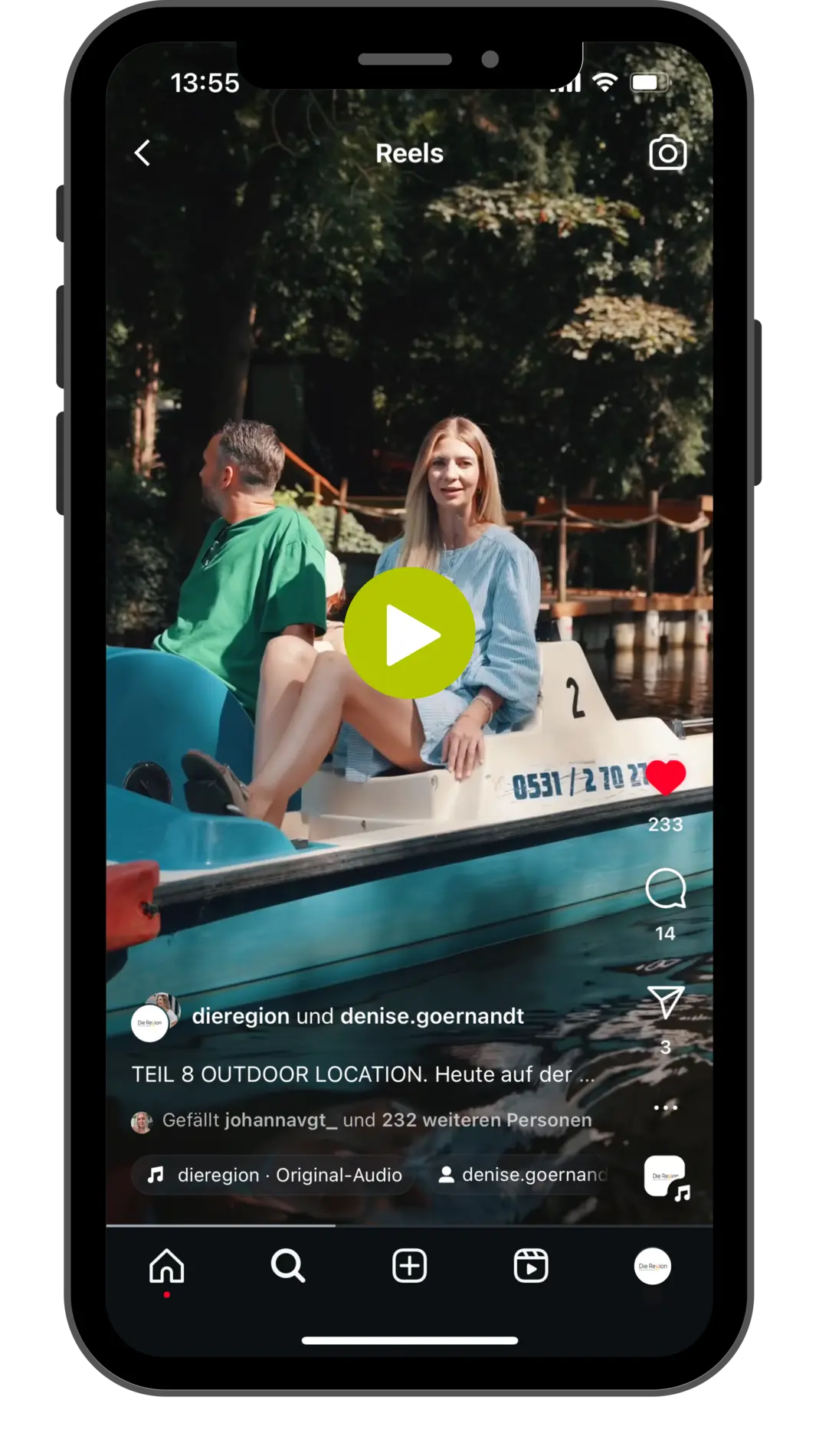 Ein Screenshot von einem Instagram-Reel: Treetboot fahren auf der Oker