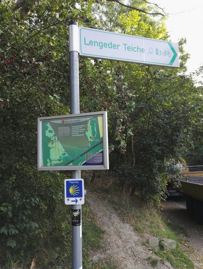 Man blickt auf einen Wegweiser mit einer Karte des Discgolf Parcours.