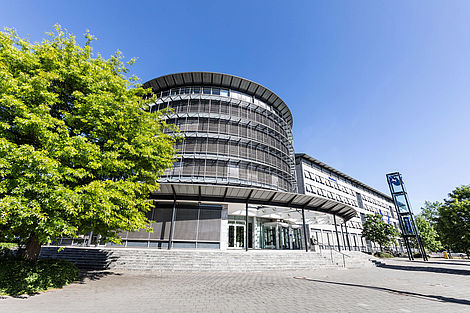 Ein moderner Bürokomplex in Braunschweig mit Baum bei Sonnenschein.