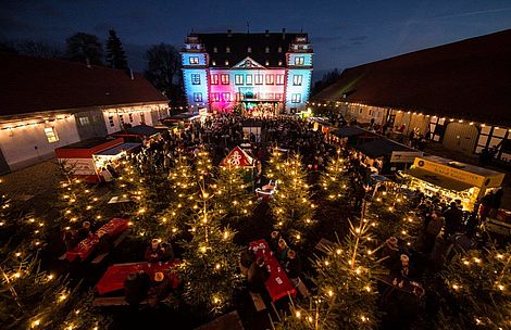 Weihnachtsmarkt bunt beleuchtet vor Schloss Salder