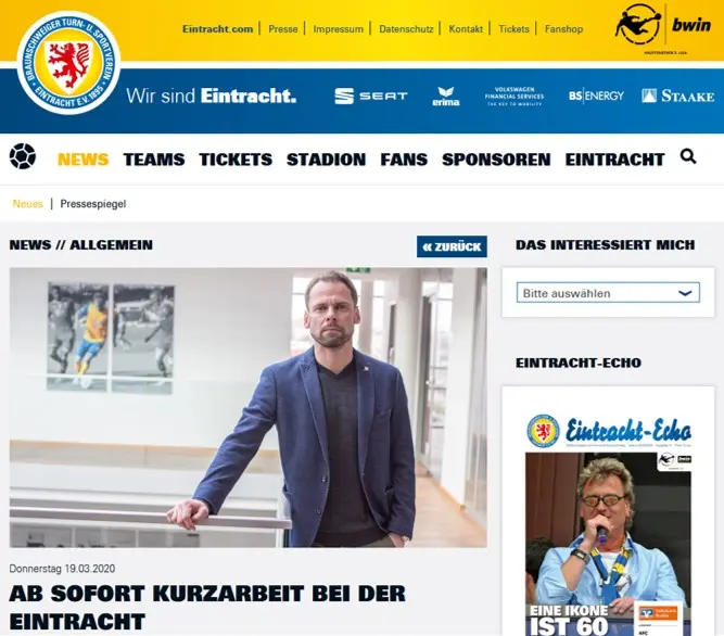 Screenshot der Eintracht Braunschweig-Website, auf der die Kurzarbeit verkündet wird.