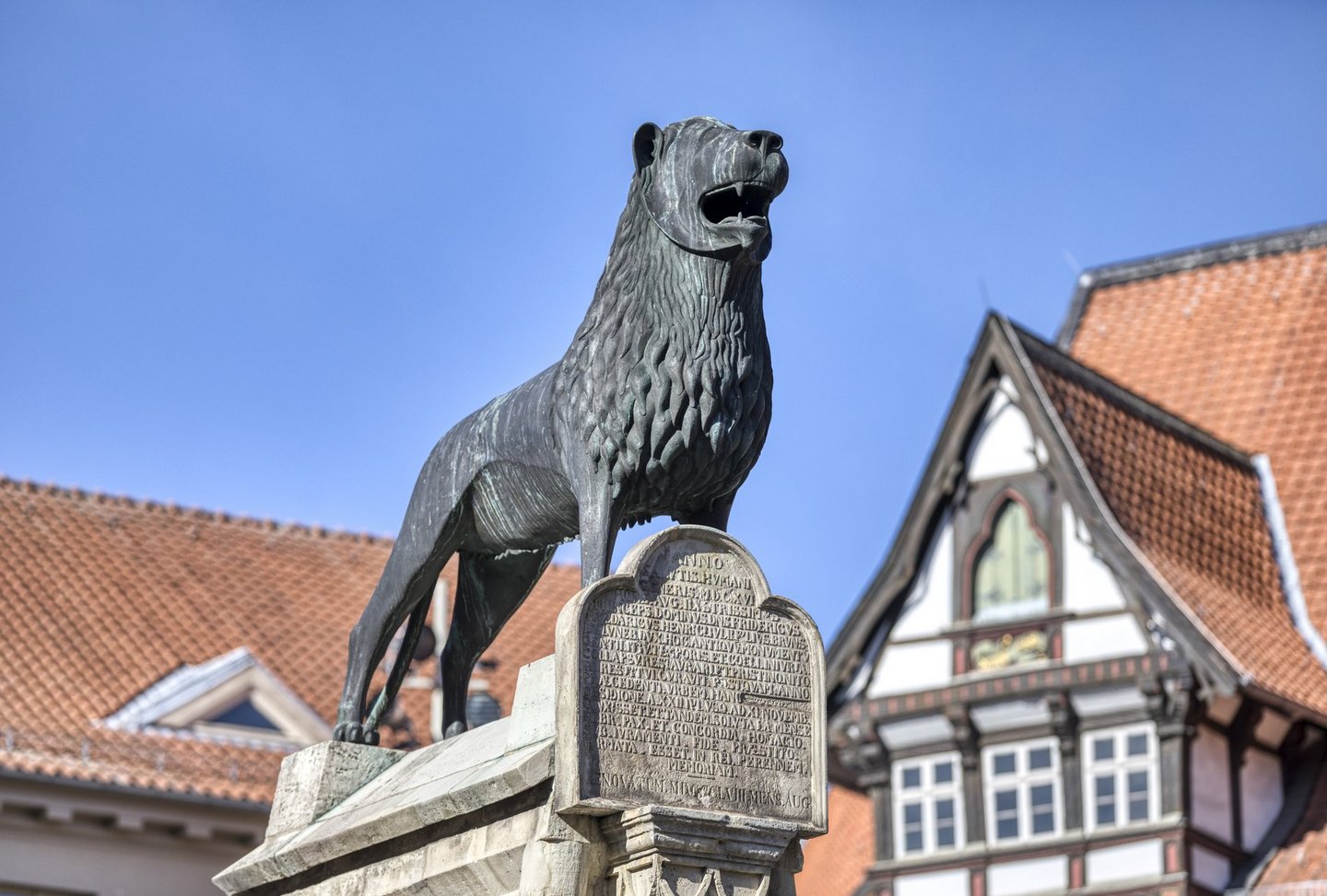 Man blickt auf den Braunschweiger Löwen