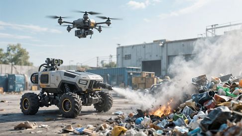 Roboter und Drohne von Warden Robotics zur Brandbekämpfung