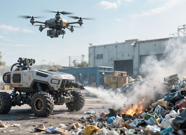 Roboter und Drohne von Warden Robotics zur Brandbekämpfung