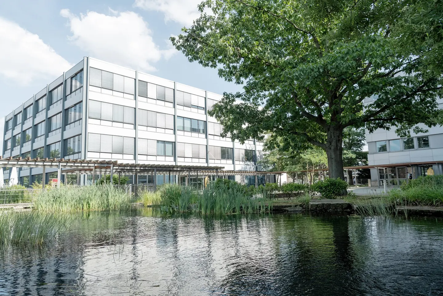 Ein Bürogebäude in Braunschweig, im Vordergrund ein Teich. 
