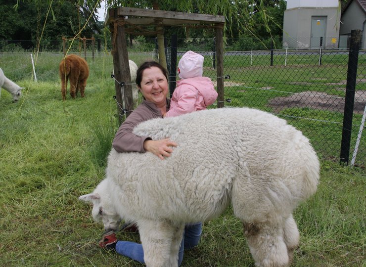 Eine Frau hält ein Kind auf dem Arm und streichelt ein Alpaka.