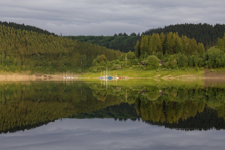 Der umgebende Wald spiegelt sich in der Wasseroberfläche des Okerstausees.