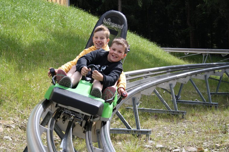 Zwei Jungs in einem Sommerbob auf dem Bocksberg bei Hahnenklee.