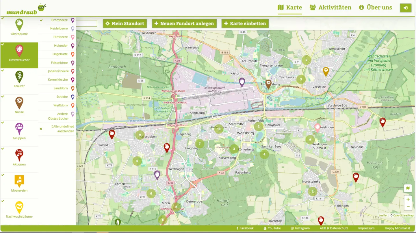 Dieser Kartenausschnitt von Wolfsburg zeigt Standorte von Obstbäumen, Sträuchern und Kräutern.