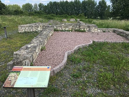 Man blickt auf den alten Umriss der Kaiserpfals Werla, davor eine Informationstafel
