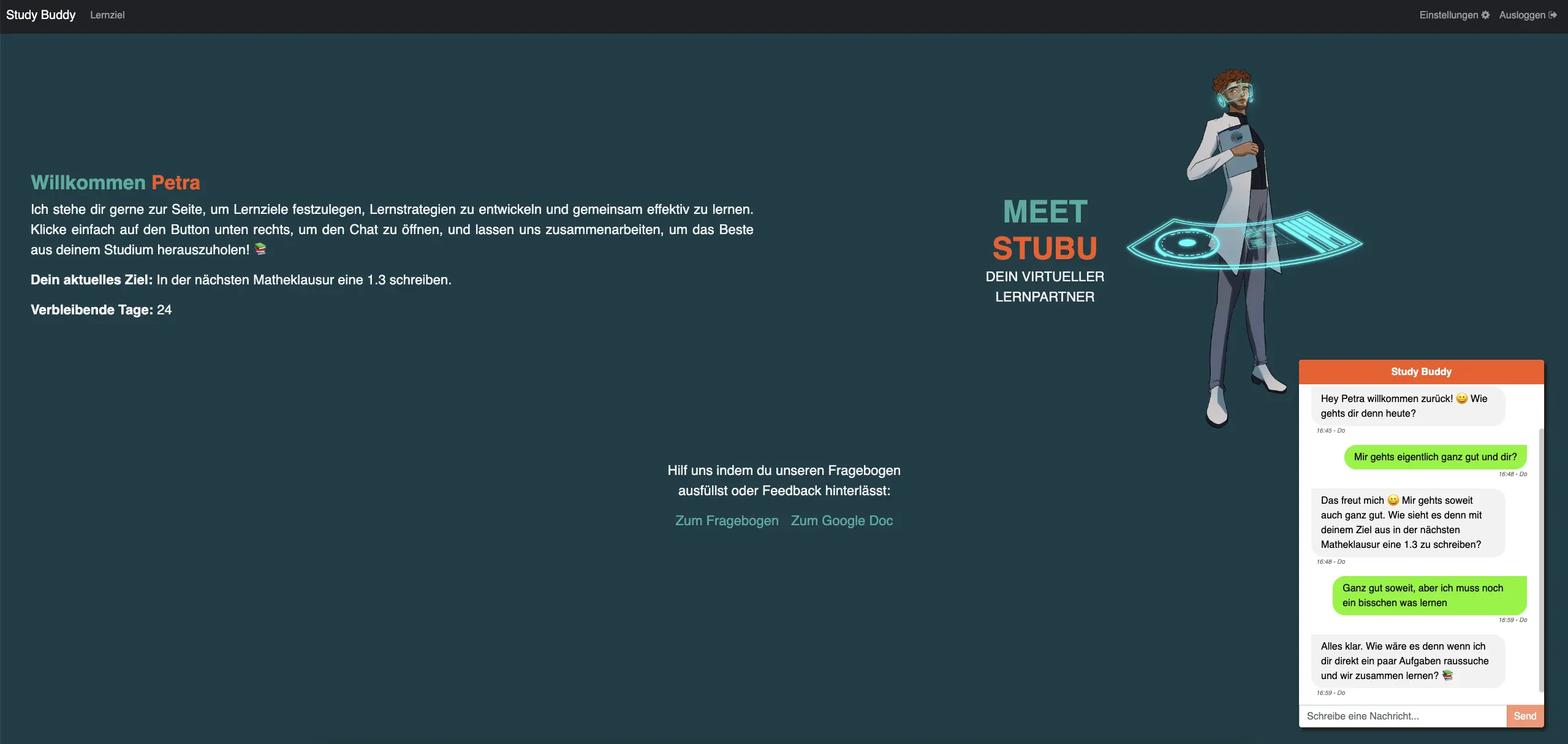 Das Dialogfeld von StudyBuddy wirkt aufgeräumt, spielerisch und modern.