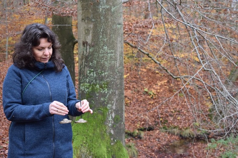 Waldgesundheits-Trainerin Nicole Schaa löst mit Glöckchen einen akustischen Reiz aus.
