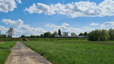 Man blickt über einen Feldweg auf eine befahrene Zugtrasse.