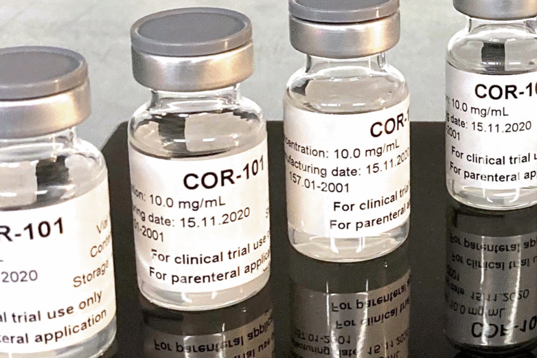 Fläschchen mit dem in Braunschweig entwickelten Corona-Medikament COR-101.