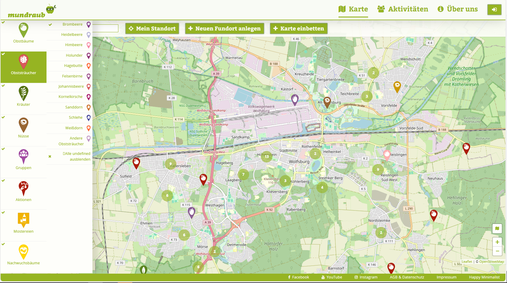 Dieser Kartenausschnitt von Wolfsburg zeigt Standorte von Obstbäumen, Sträuchern und Kräutern.