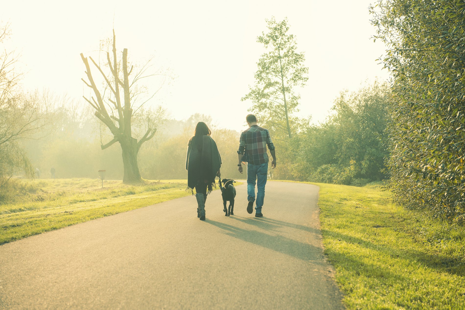 Zwei Menschen gehen mit ihrem Hund im Allerpark Wolfsburg spazieren. 