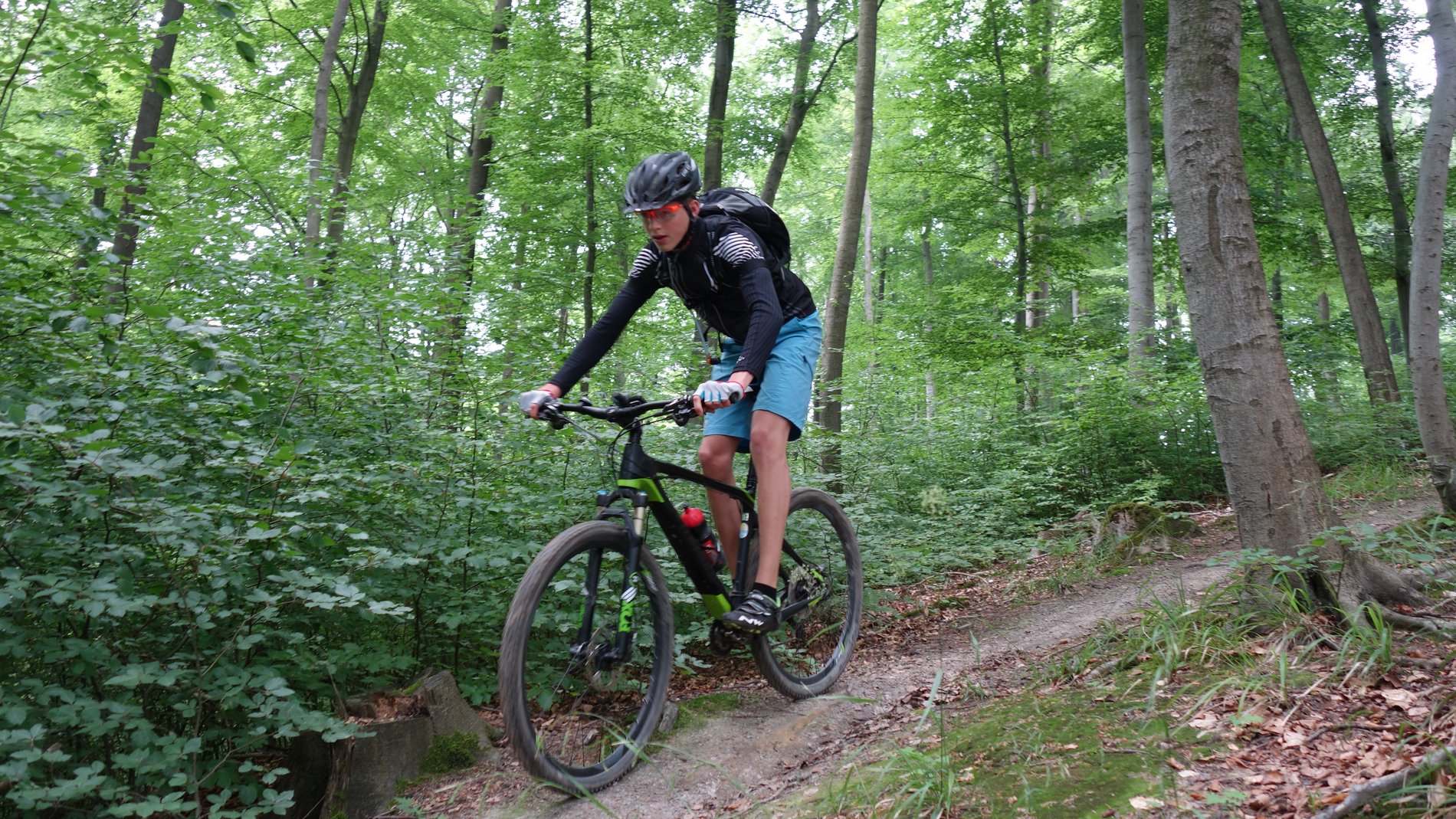 Junger Fahrradfahrer im Wald im Landkreis Helmstedt.