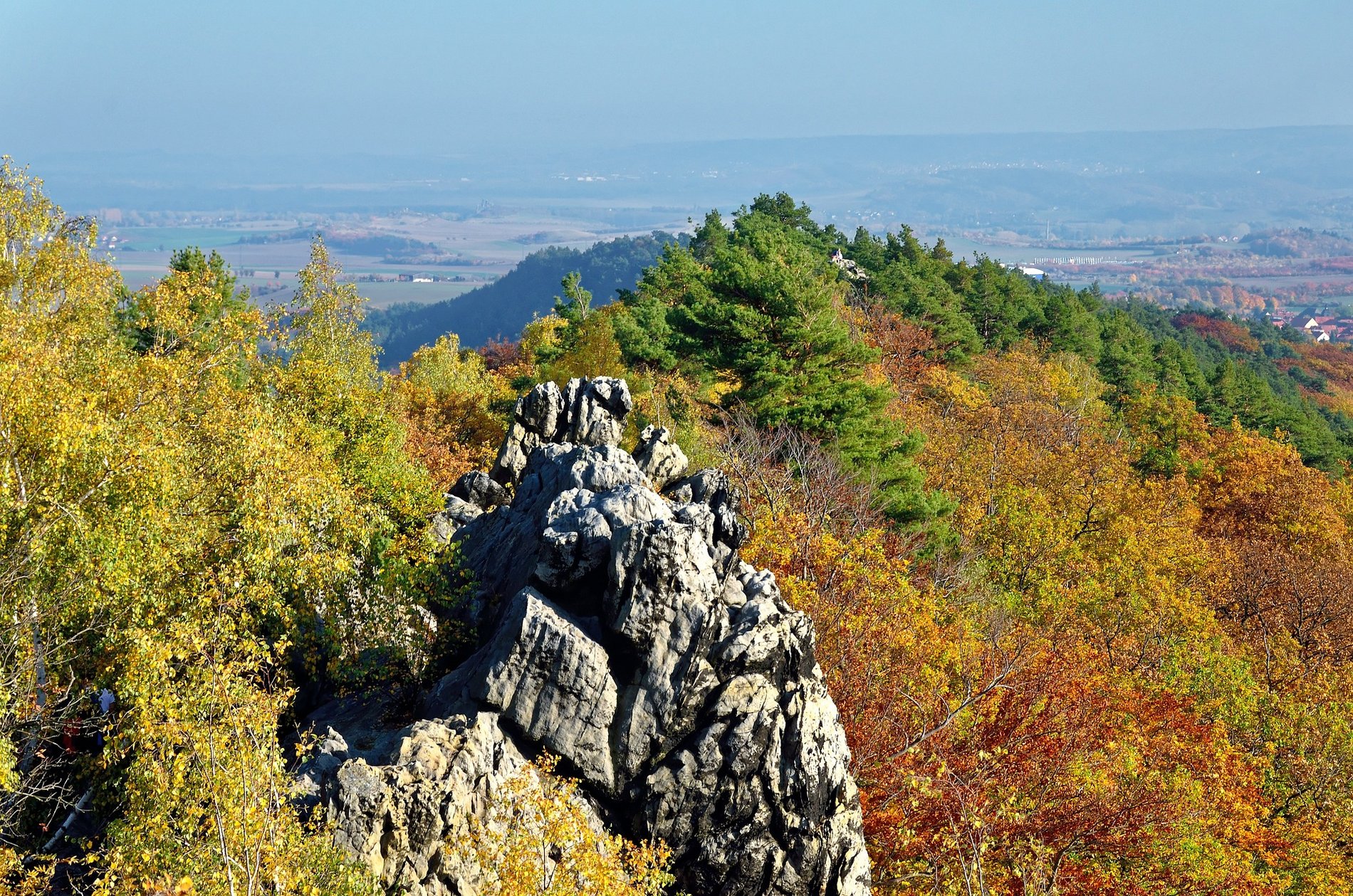 Blick von einem Felsen in die Tiefe des Harzvorlandes.