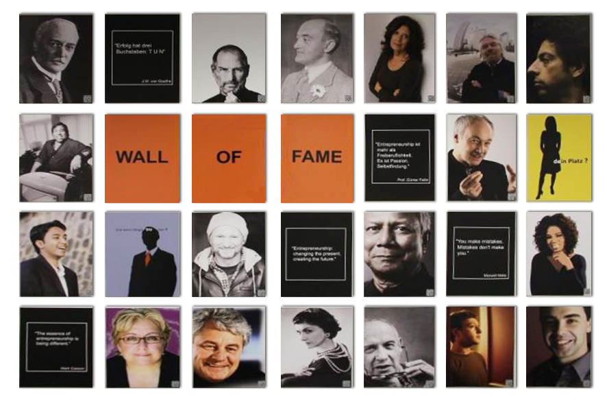 Die Wall of Fame im Entrepreneurship Center erinnert daran, wie weit man mit einer kreativen Idee und einer guten Portion Tatendrang kommen kann. 