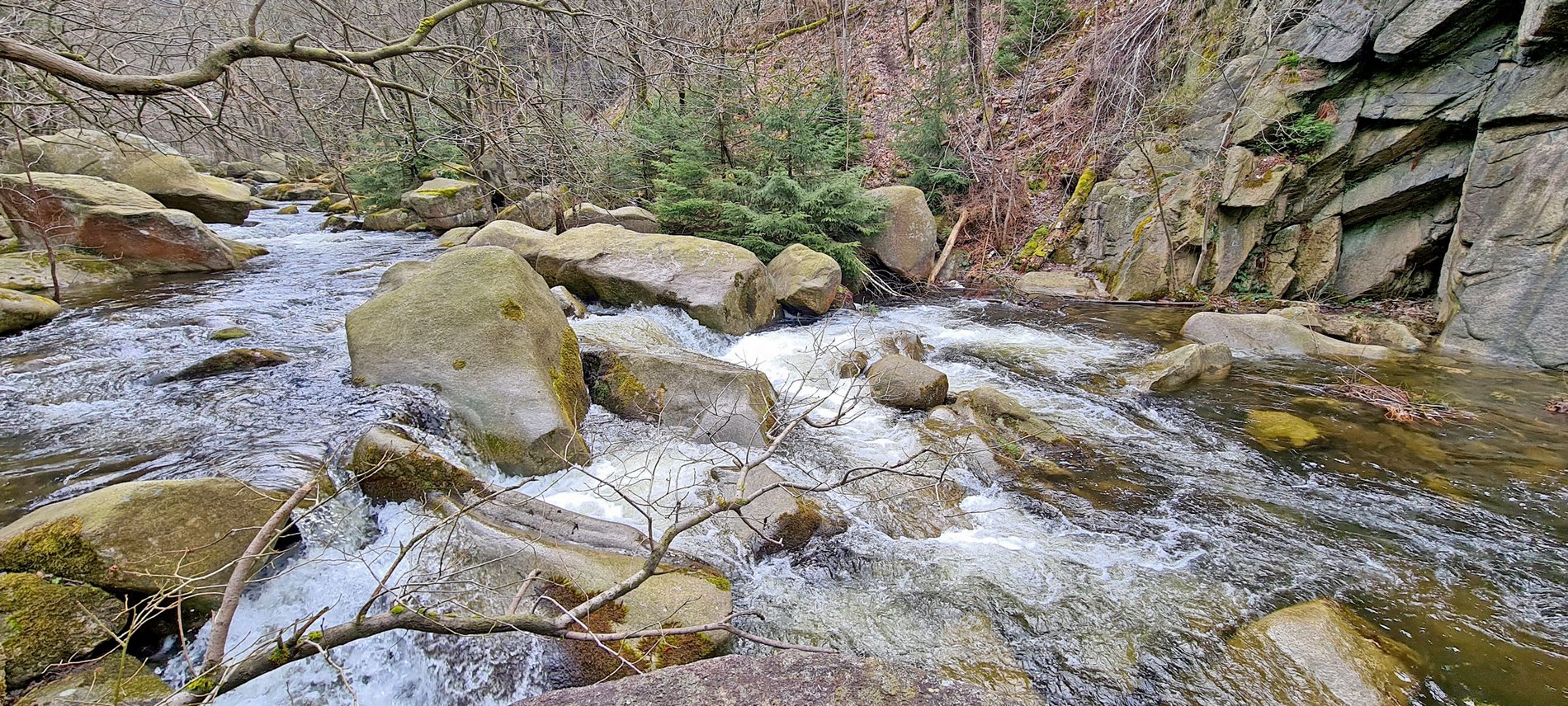 Man blickt aud das felsige Flussbett der Oker im Okertal