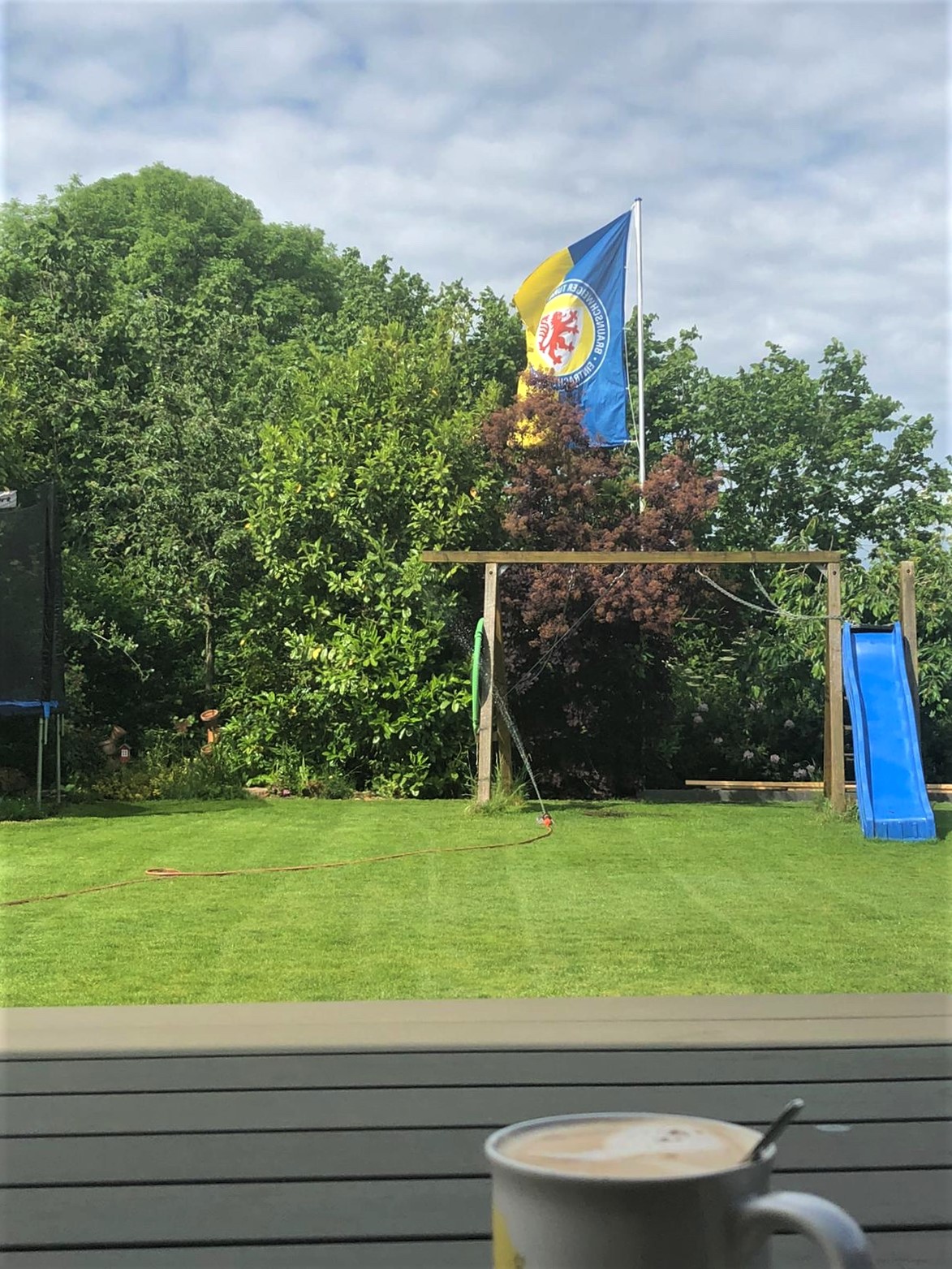 Ein Garten, im Hintergrund eine blaugelbe Eintracht Braunschweig-Fahne.