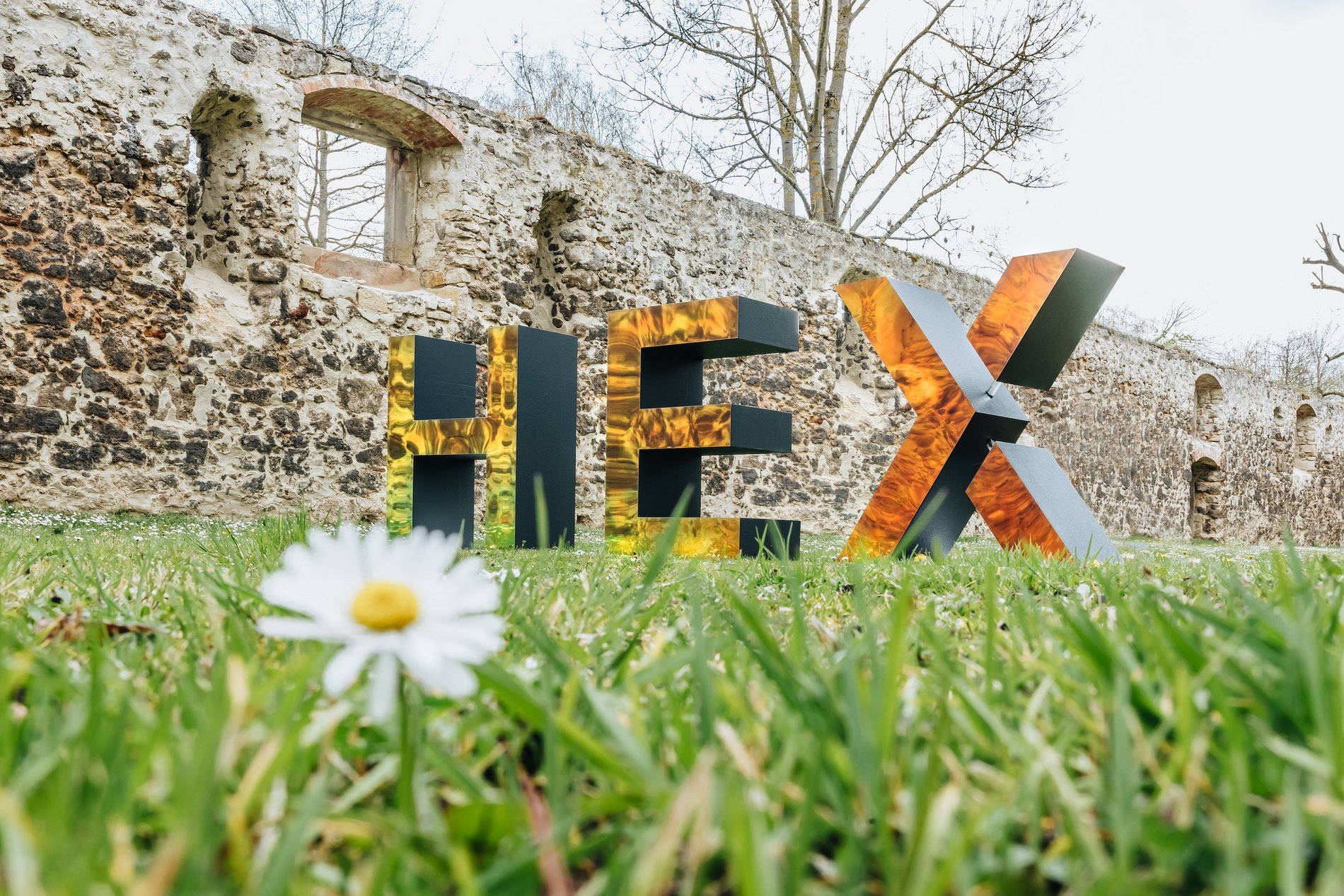 Auf einer Wiese sind vor den Mauern einer Ruine die Buchstaben HEX zu lesen.